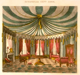 Sala de tienda octagonal, de la Guía del ebanista y tapicero, siendo un libro completo de dibujos, Pub Jones y Co, Smith, George (1783-1869), 1826
